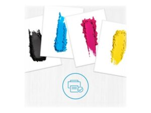 Encre pour imprimante. Il y a quatre couleurs : noir, bleu, rose et jaune.