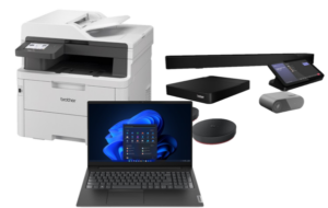 Produits informatiques : imprimante Brother, ordinateur portable Lenovo et kit de vidéoconférence Lenovo.