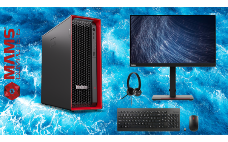 Station de travail Lenovo, écran LCD, clavier et souris sans fil, micro-casque.